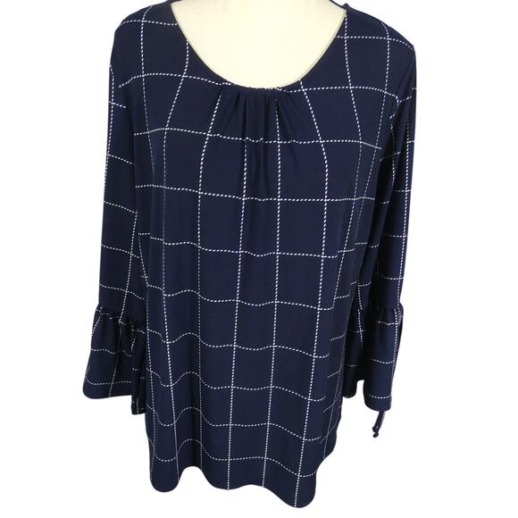 Liz Claiborne Career Women's Tunic Blouse Bell Sleeves Navy Pleated Business - Picture 2 of 8